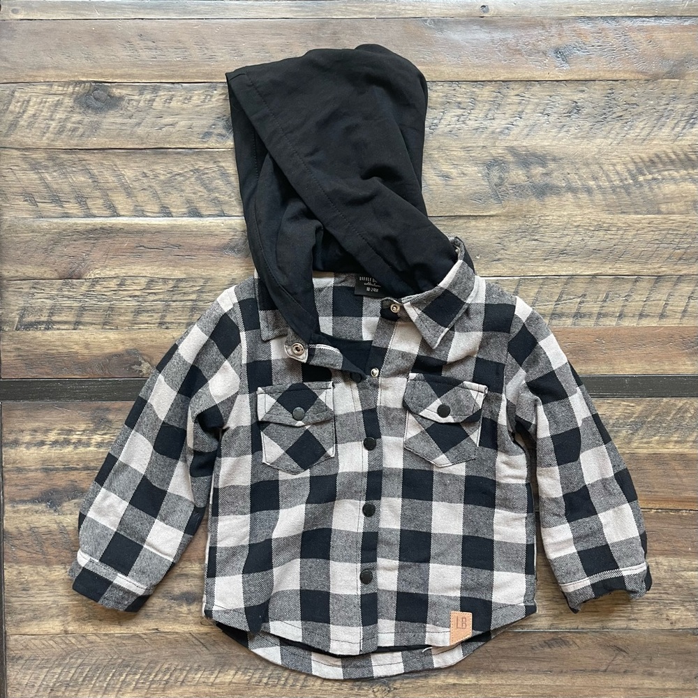 Little Bipsy plaid hooded shirt jacket. Size 18-24 months.